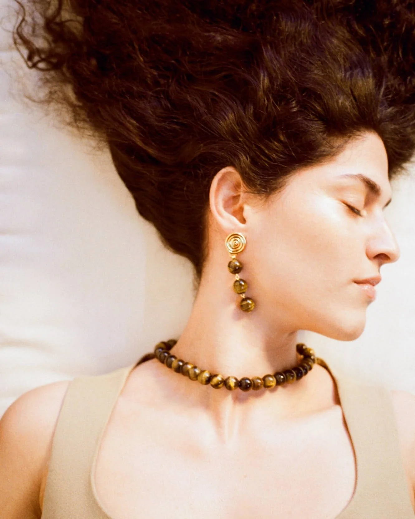 Swirl Droplet Earrings Gold Plated with Tiger's Eye - Image 2