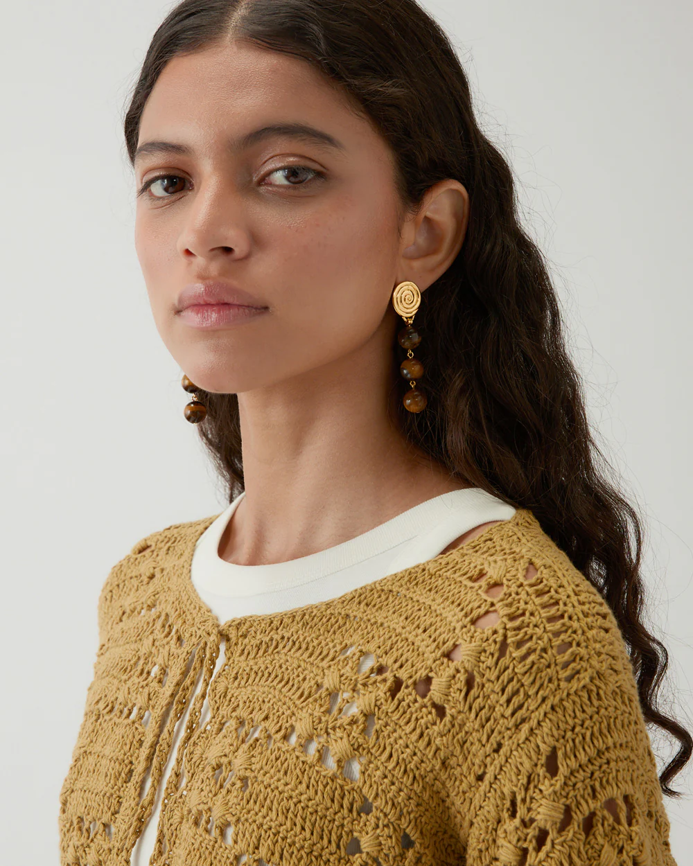 Swirl Droplet Earrings Gold Plated with Tiger's Eye - Image 3