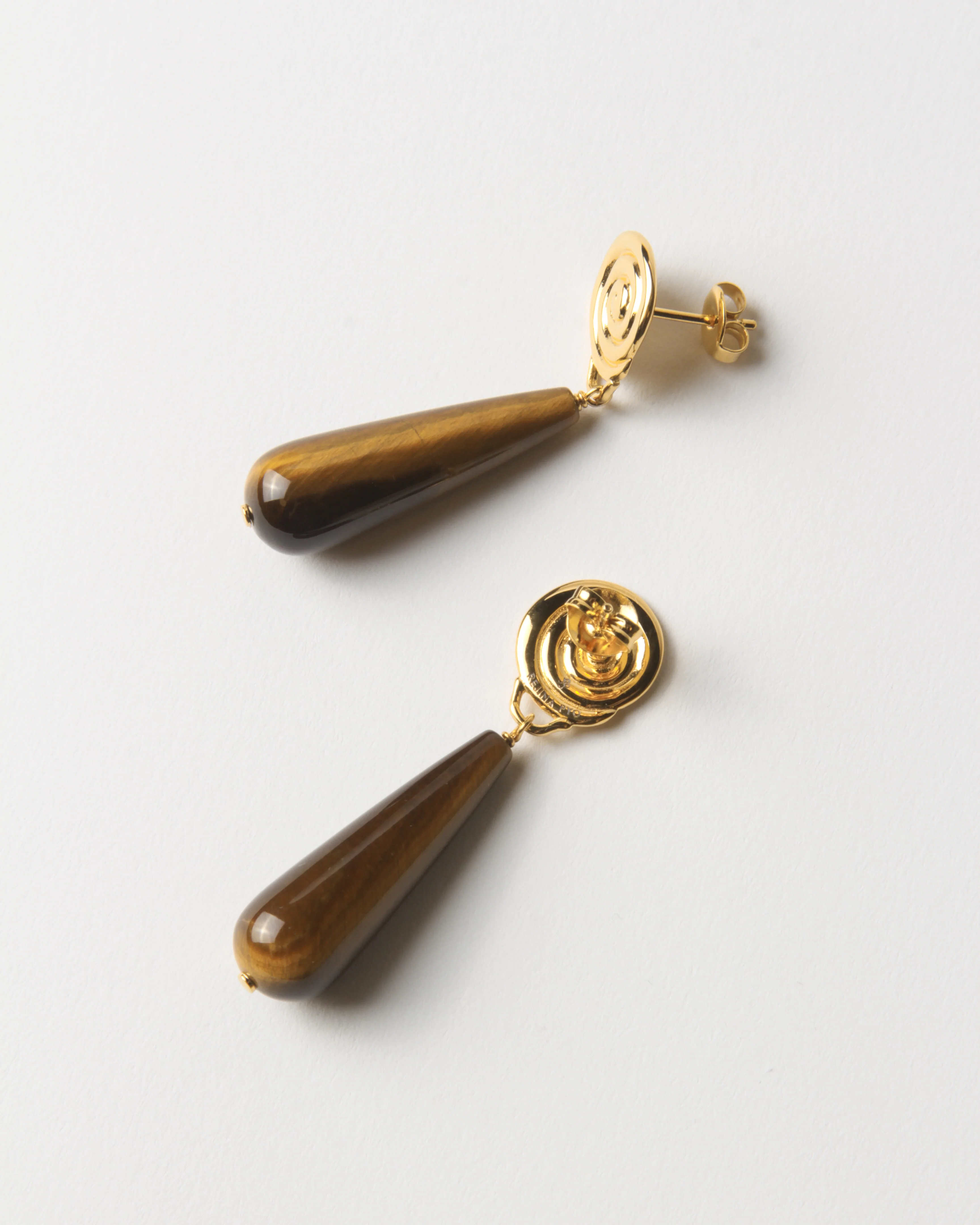 Swirl Tear Droplet Earrings Gold Plated with Tiger's Eye - Image 2